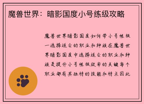 魔兽世界：暗影国度小号练级攻略